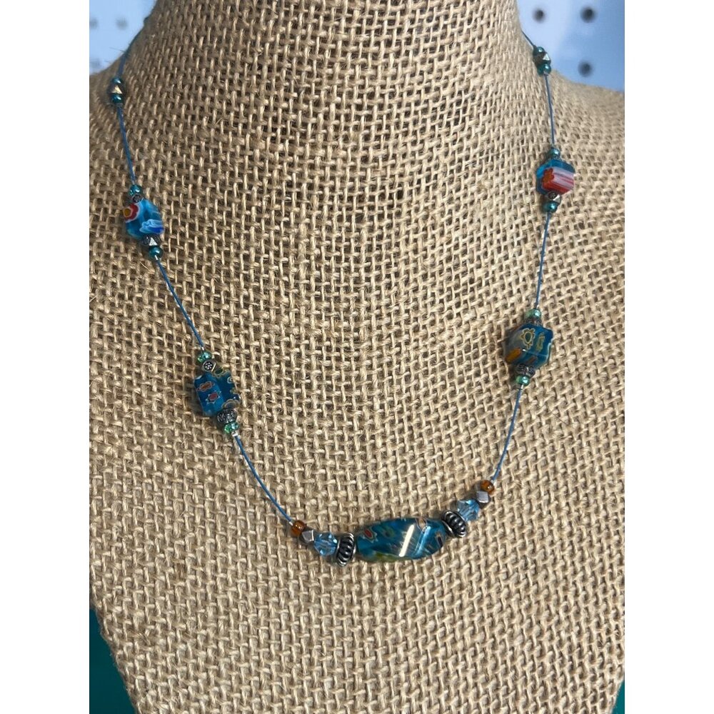 Millefiori Glass Bead Necklace Collar Blue Line Lobster Clasp Silver Tone 17"